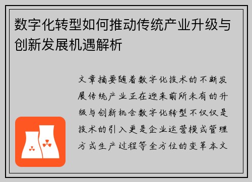 数字化转型如何推动传统产业升级与创新发展机遇解析