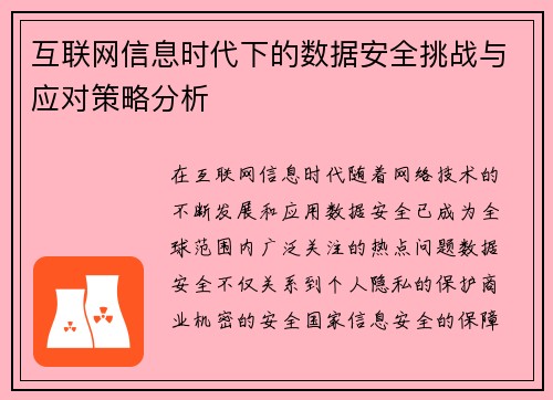 互联网信息时代下的数据安全挑战与应对策略分析