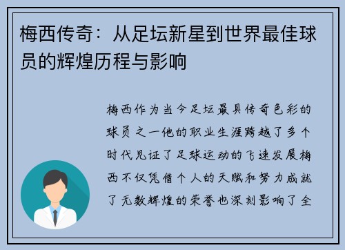 梅西传奇：从足坛新星到世界最佳球员的辉煌历程与影响
