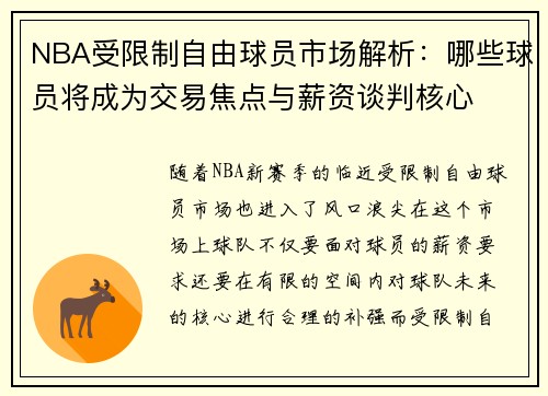 NBA受限制自由球员市场解析：哪些球员将成为交易焦点与薪资谈判核心